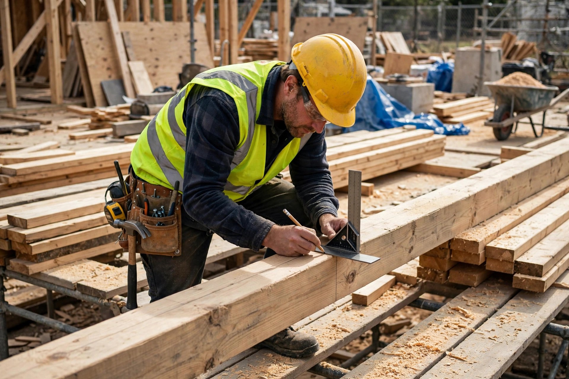 Carpenter marking a beam with a square and pencil