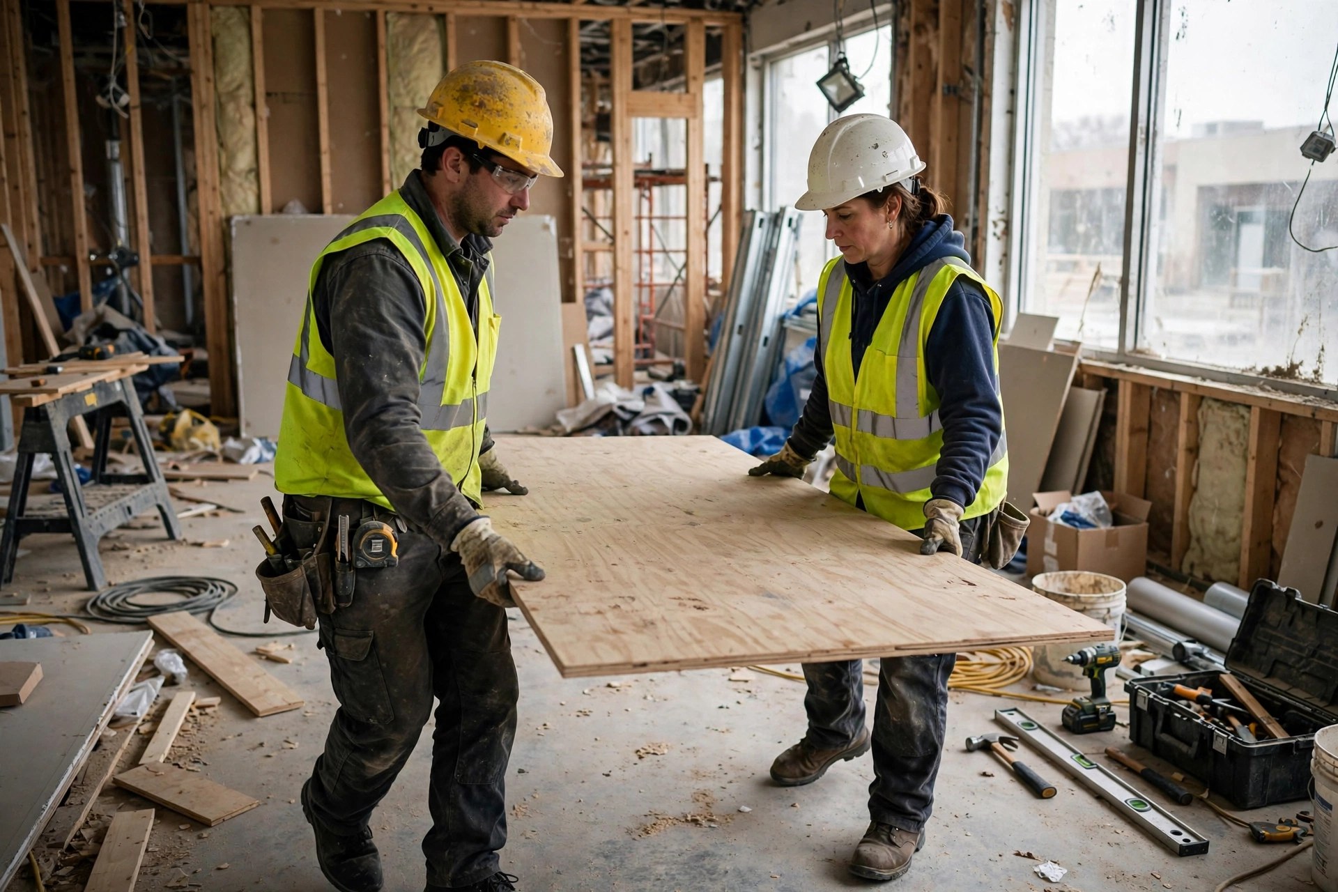 Two Bosque labourers carrying a plywood sheet together inside a commercial build