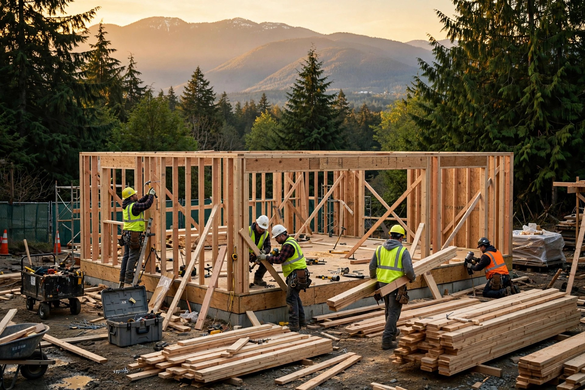 Bosque crew framing a wood-frame house, mountains and evergreens behind
